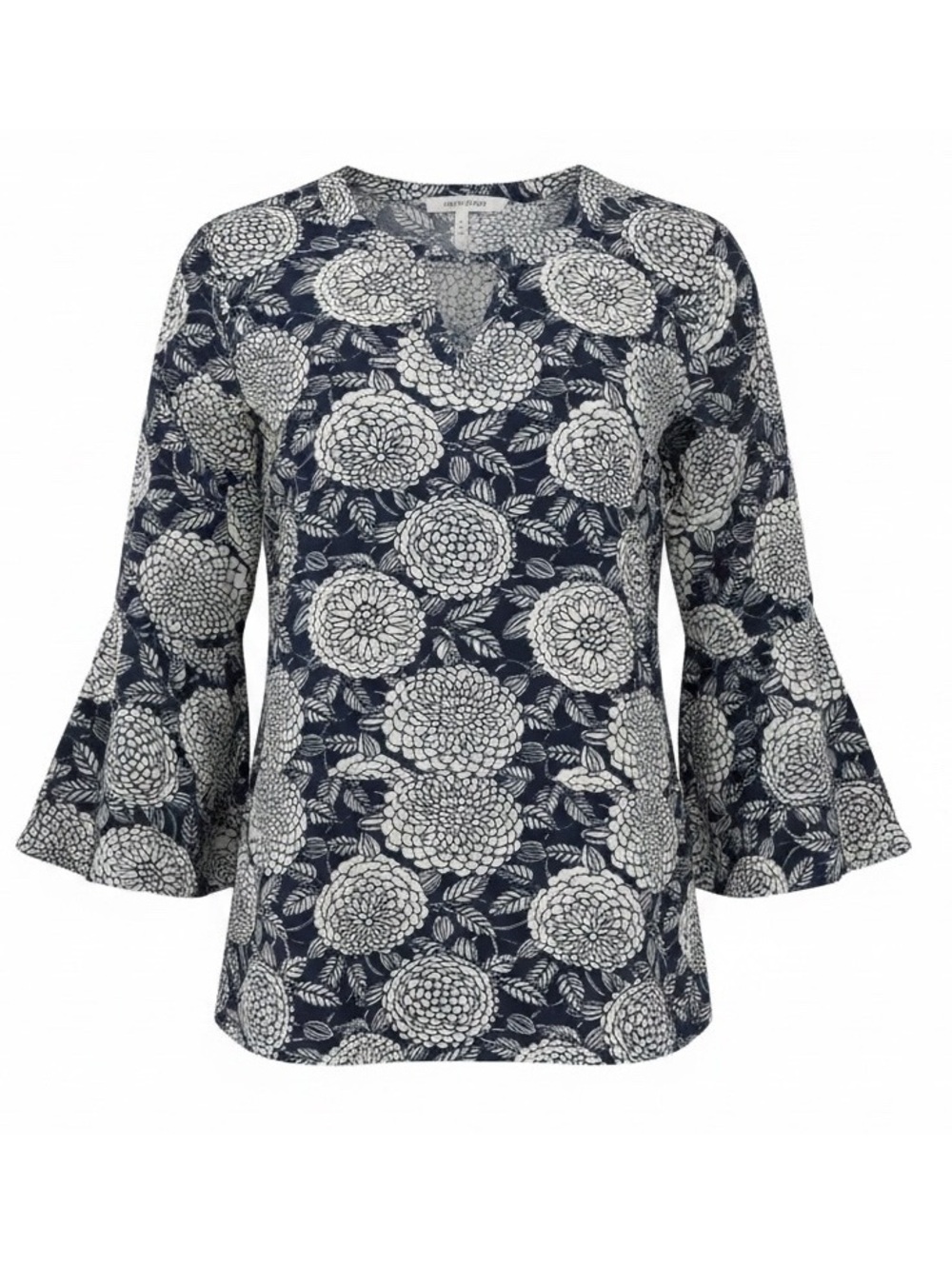 JODIFL Womens Medium Navy Ivory Floral Blouse Bell Sleeve Keyhole Boho Top